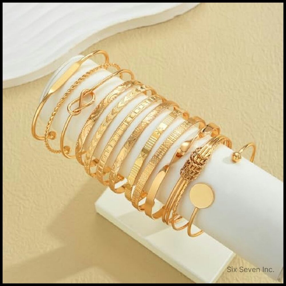 Gold Plated Bangle Bracelets Stackable Set Textur… - image 8